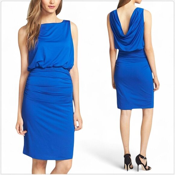 Felicity & Coco Cobalt Blue Draped Back Blouson Ruched Jersey Dress Bodycon S - Picture 1 of 7